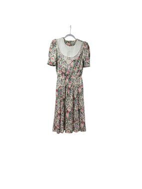 Vintage DBY Ltd. Multicolored Floral White Lace Bib Neckline Midi Dress Prairie